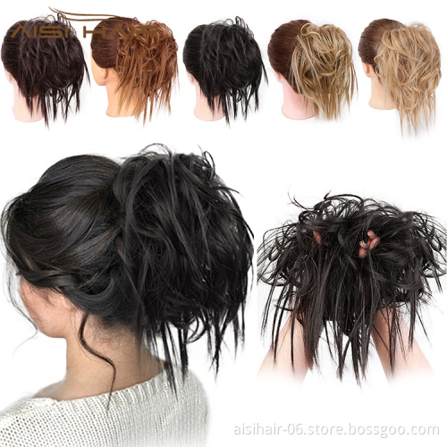 Aisi Hair Synthetic Donut Black Chignon Curly Bun Pad Chignon Elastic Band Ribbon Ponytail Rope Rubber Hair Extension For Women